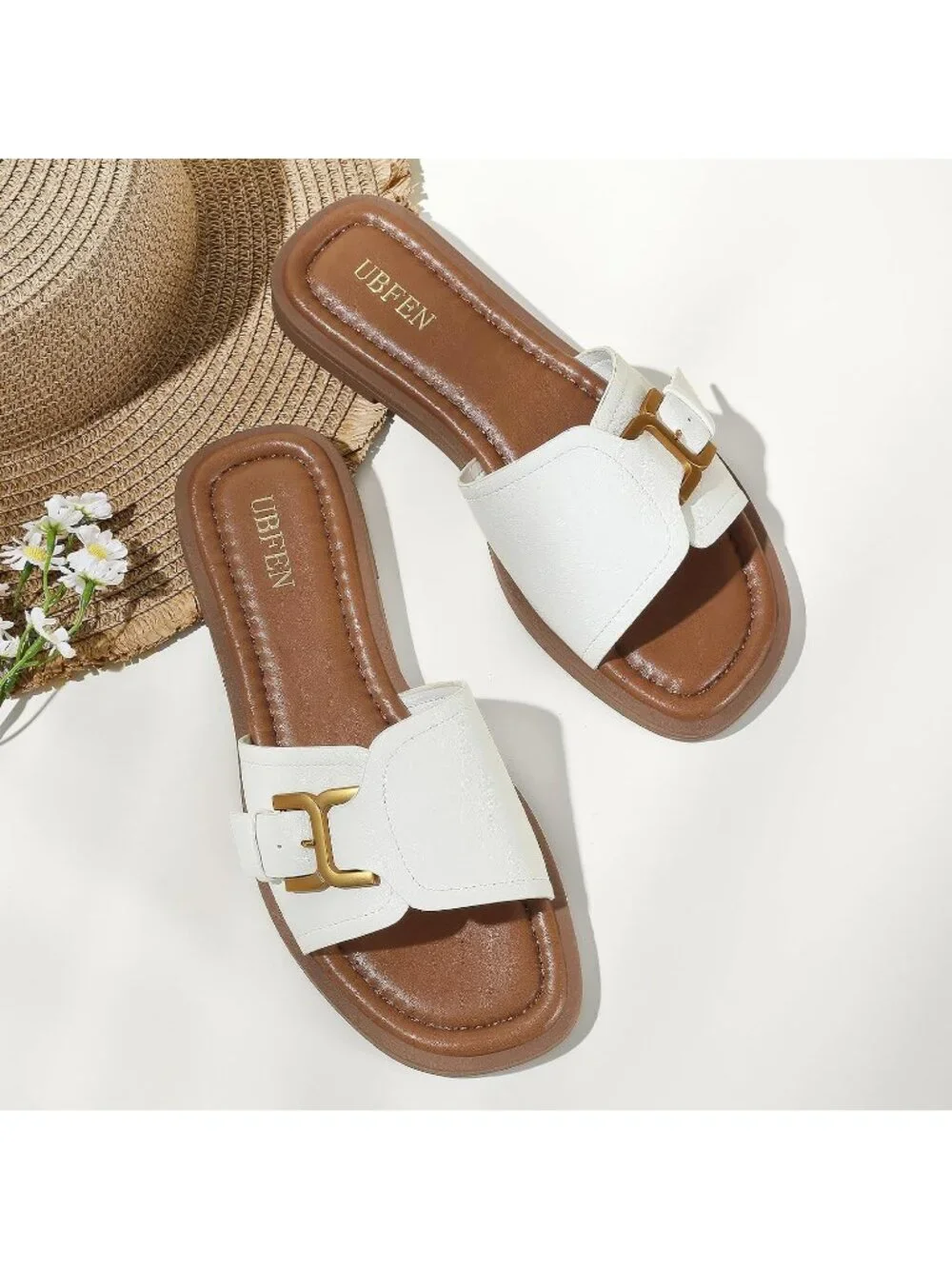 Women's White Brown Square Toe Flat Sandals Slides Dressy Comfortable for Casual